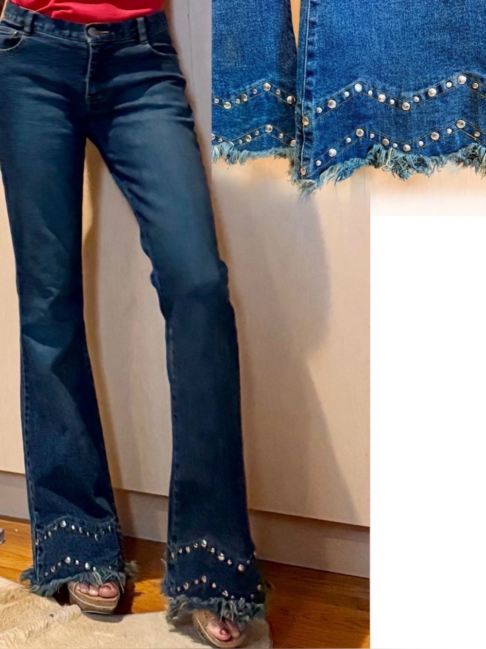 Bisou Bisou Y2K Studded Flare Jeans Raw Hem Bell Bottom Stretch Denim Size 4